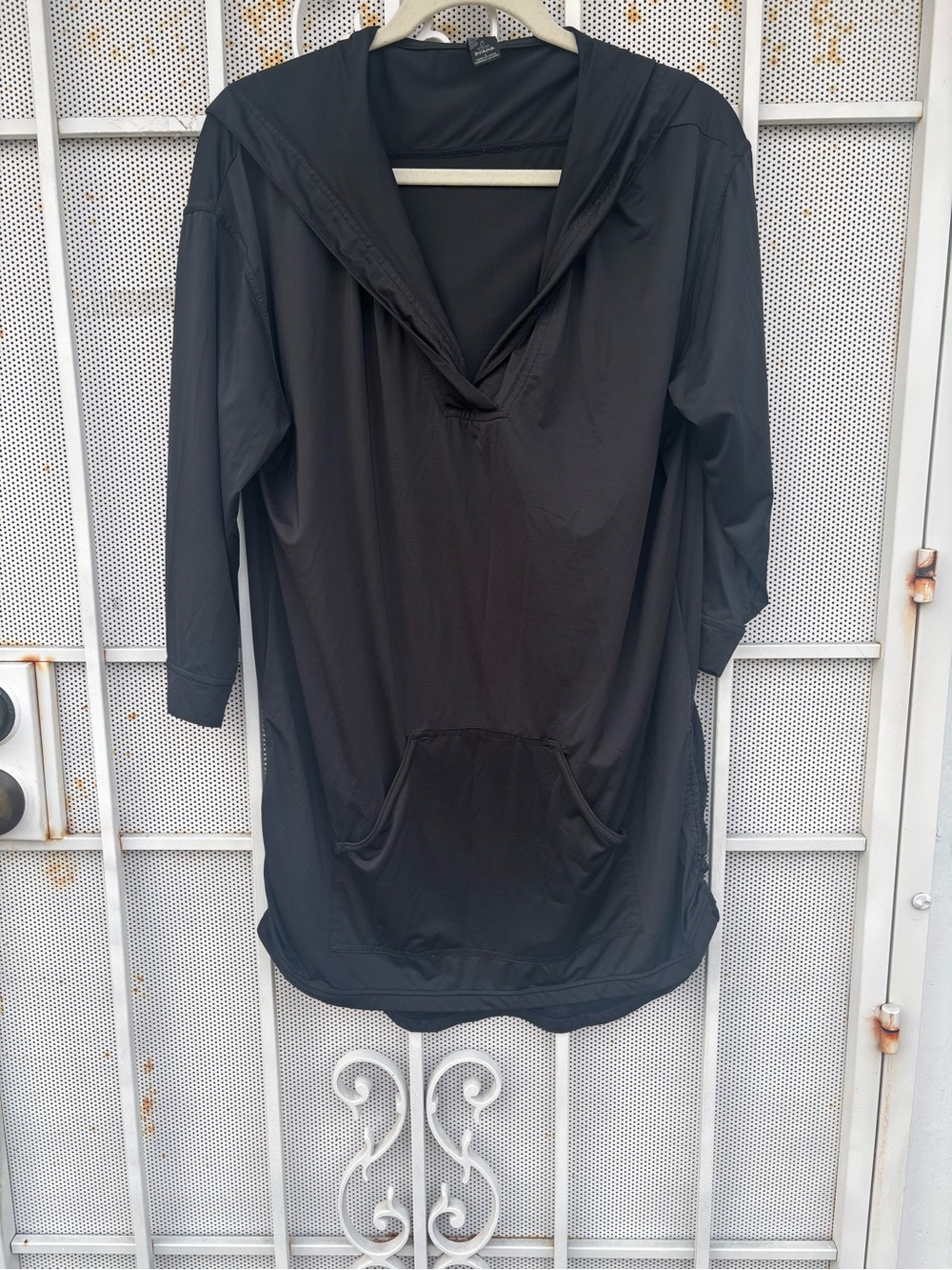prAna women's Black Hooded Tunic Top Dress 3/4 Sleeve Kangaroo Pocket Size L